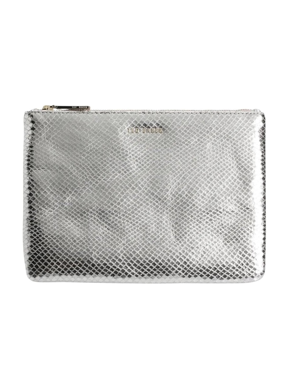 TED BAKER Metallic Clutch Silver Snaksi Zip Pouch Leather Snakeskin Effect